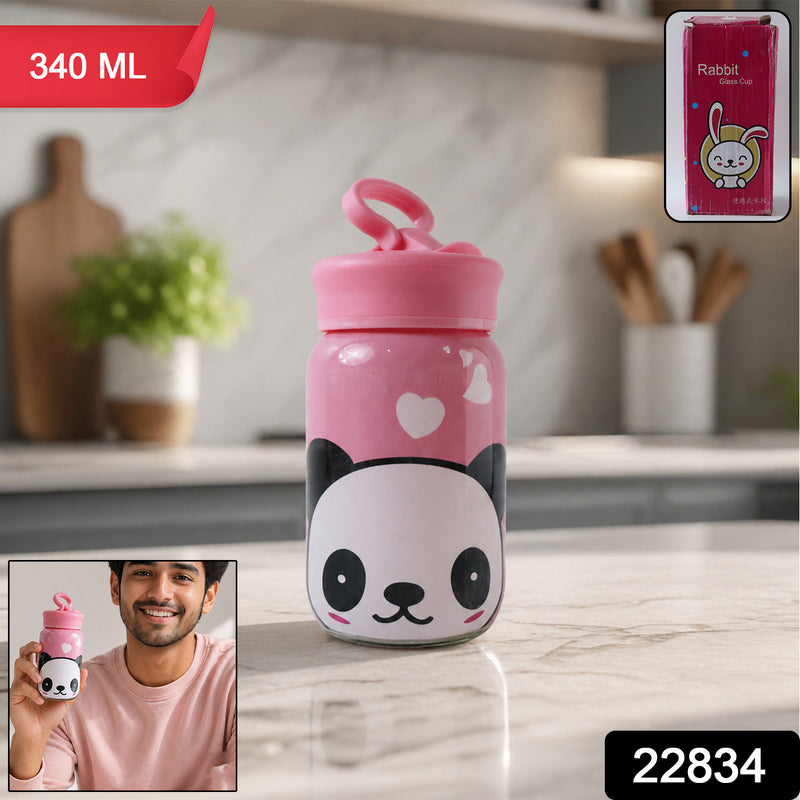 Cute Cartoon Printed Glass Drinking Bottle Cup With Lid (340 Ml)